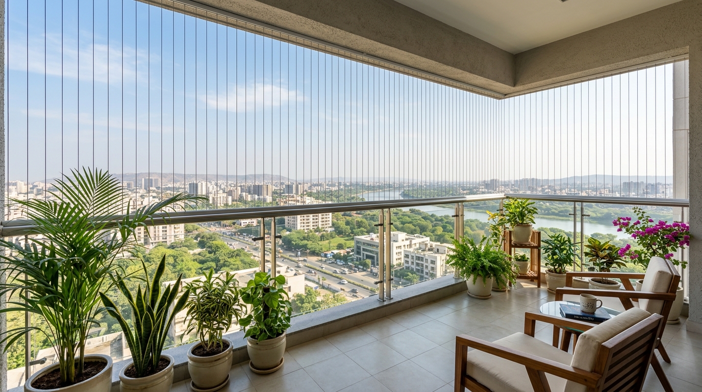 Modern balcony with professionally installed invisible grill and home safety protection in Patna